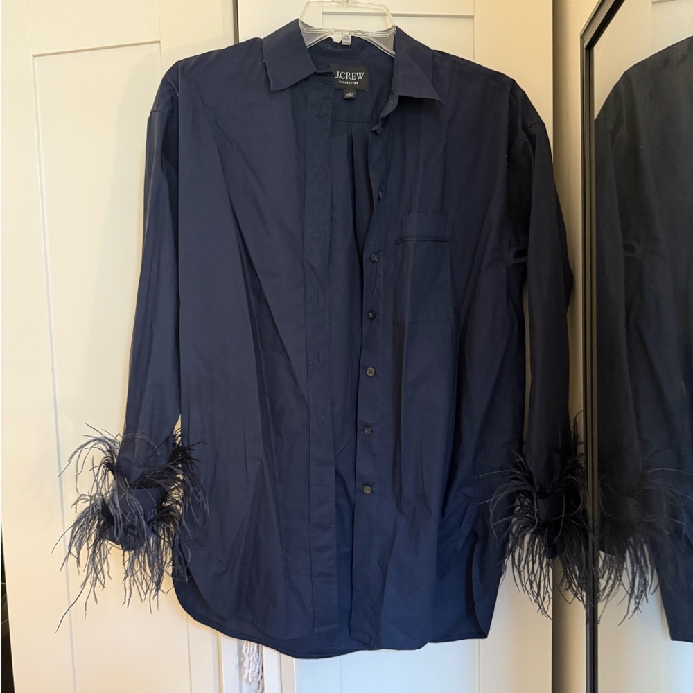 J.Crew navy blue button up shirt with feather trim #preppy #party